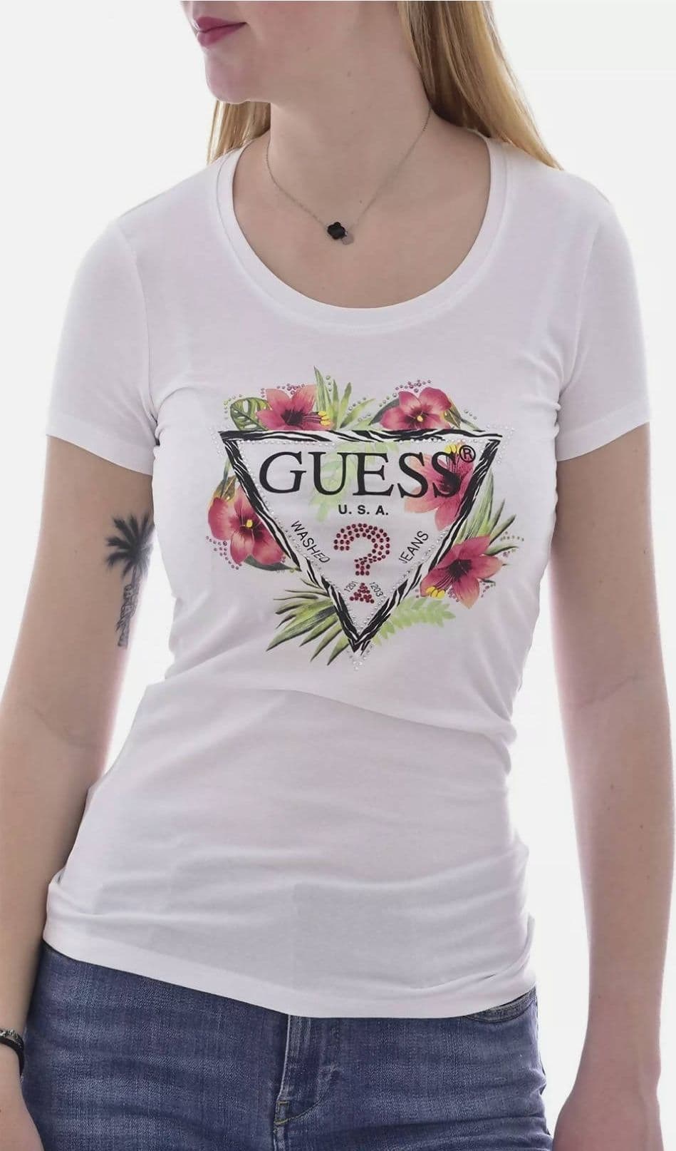Guess T-Shirt Donna in Cotone Organico Stretch a Manica Corta Scollo Rotondo T-Shirt Slim Con Strass E Logo in T-shirt Euforia - Bronte, commercioVirtuoso.it