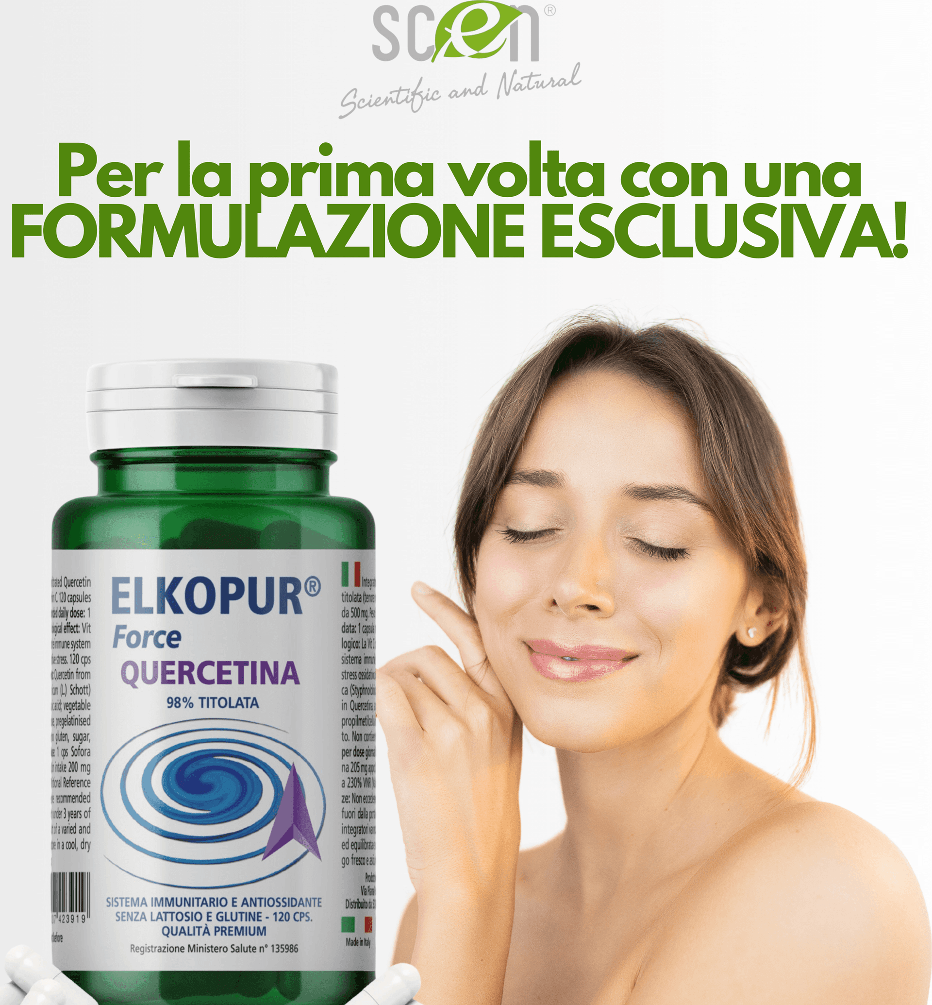 Elkopur Force Quercetina pura, 120 capsule da 500 mg. con 200 mg. di Quercetina titolata 98% in Quercetina, Vegetarian e Vegan ok, Rinforza il sistema immunitario, Antiossidante, prodotto in Italia in Quercetina Scen Scientific and Natural - Poggibonsi, commercioVirtuoso.it