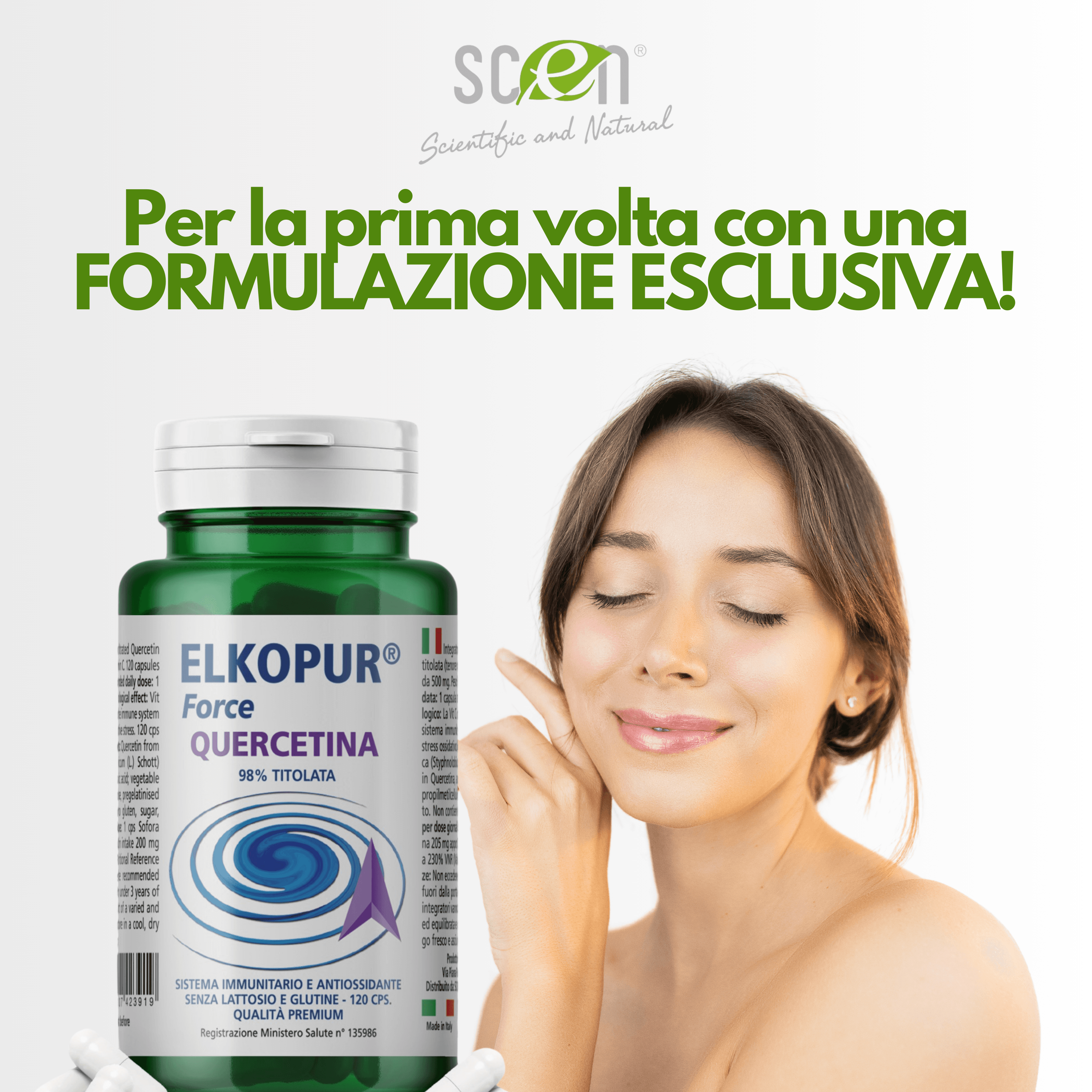 Elkopur Force Quercetina pura, 120 capsule da 500 mg. con 200 mg. di Quercetina titolata 98% in Quercetina, Vegetarian e Vegan ok, Rinforza il sistema immunitario, Antiossidante, prodotto in Italia in Quercetina Scen Scientific and Natural - Poggibonsi, commercioVirtuoso.it