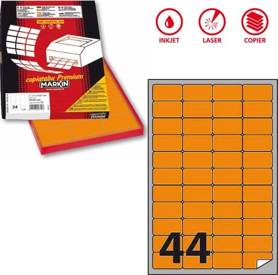 Etichetta adesiva A/406 arancio fluo 100fg A4 47,5x25,5mm (44et/fg Markin