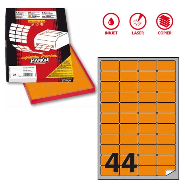 Etichetta Adesiva A/406 Arancio Fluo 100Fg A4 47,5X25,5Mm (44Et/Fg Markin