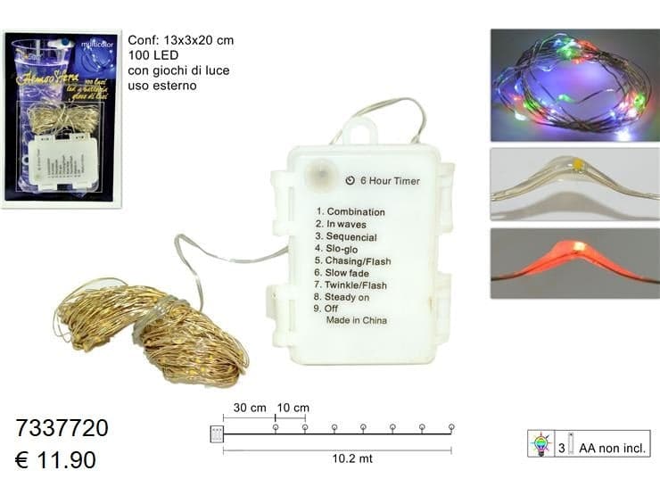 Filo 100 Luci Led 8 Giochi di Luci Multicolor