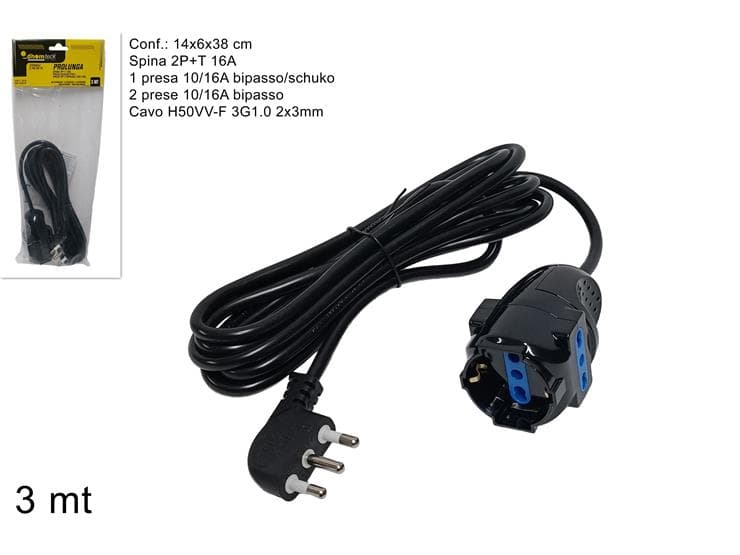 Prolunga 3 MT Spina 16A + Presa Schuko + 2 Prese Bipasso