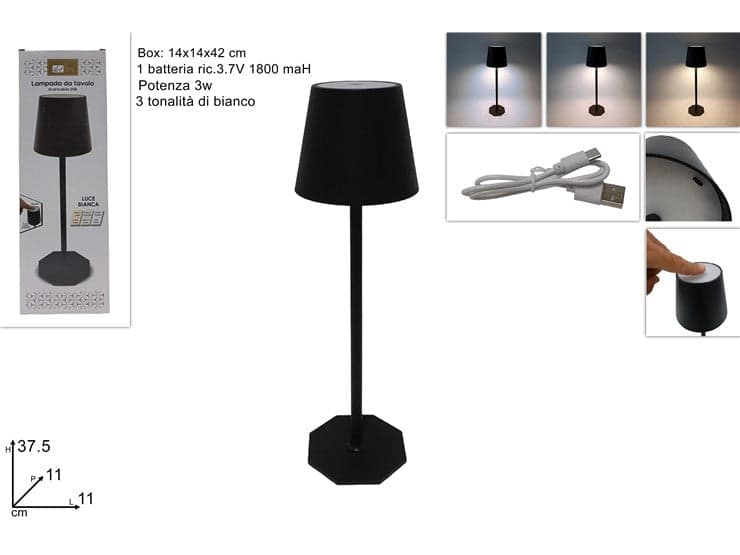 Lampada da Tavolo Led Ricaricabile Touch Nero