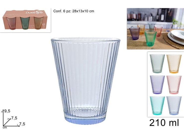 Bicchiere Vetro 210ml Set 6 Pezzi Colorati