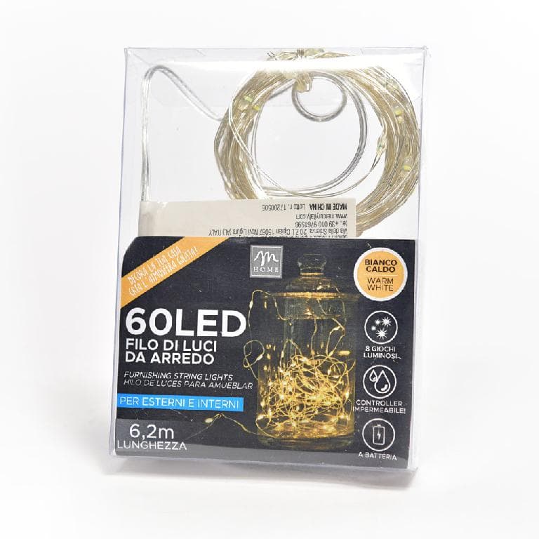Filo 60 Led Colore Bianco Caldo a Batteria da Esterno con 8 Giochi