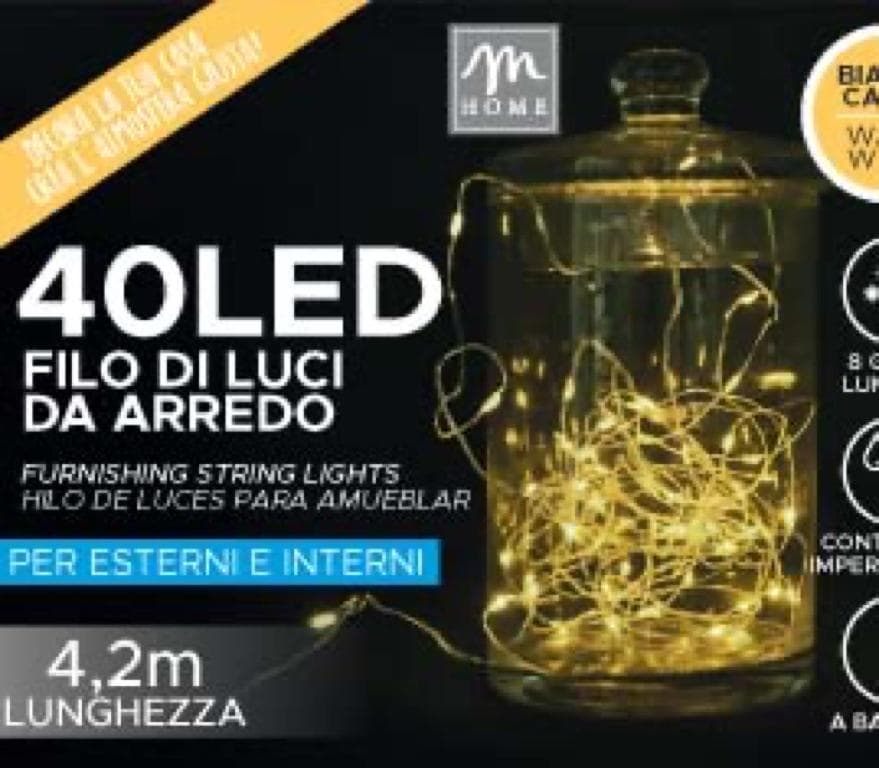 Filo 40 Led Bianco Caldo a Batteria da esterno con 8 Giochi