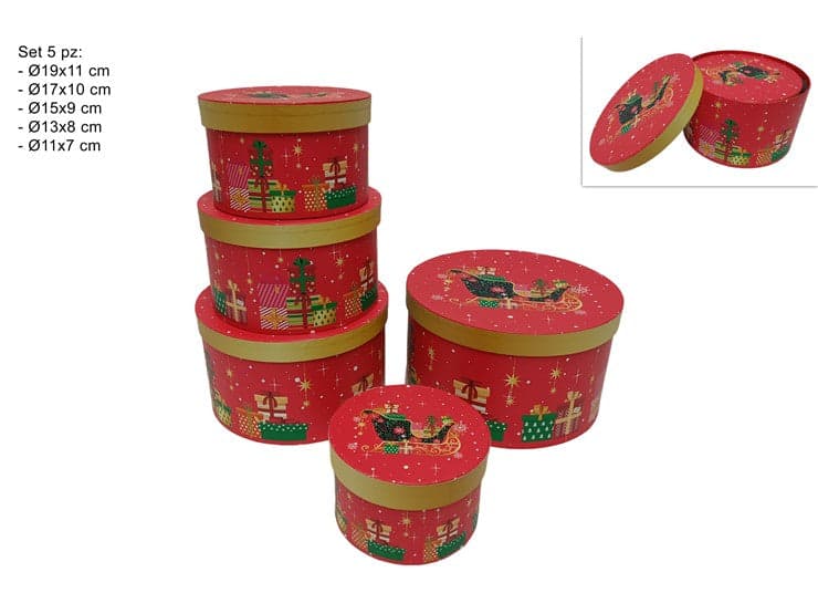 Scatole Tonde Set 5 Pezzi Decoro Slitta