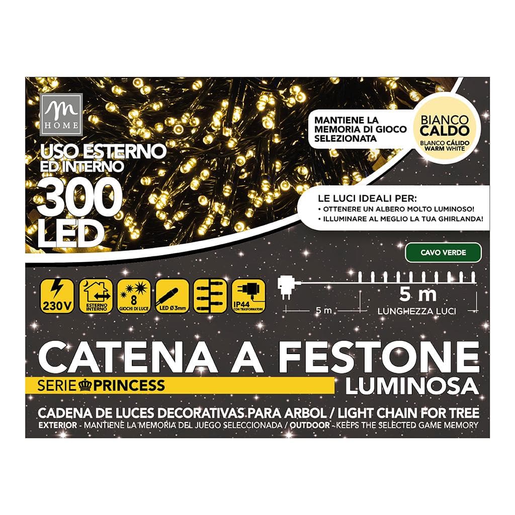300 Luci Led Princess Colore Bianco Caldo a Spina, da Esterno con 8 Giochi e Memoria
