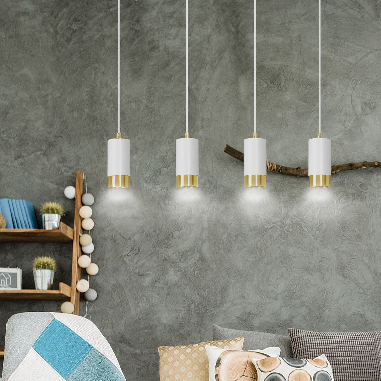 Lampadario 4 Luci Fumiko Con Cilindri In Acciaio Bianco E Oro in Lampade a sospensione LuceArt - Montecorvino Pugliano, commercioVirtuoso.it
