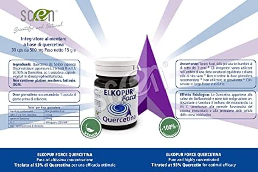 Elkopur Force Quercetina pura, 120 capsule da 500 mg. con 200 mg. di Quercetina titolata 98% in Quercetina, Vegetarian e Vegan ok, Rinforza il sistema immunitario, Antiossidante, prodotto in Italia in Quercetina Scen Scientific and Natural - Poggibonsi, commercioVirtuoso.it