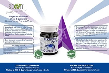 Elkopur Force Quercetina pura, 120 capsule da 500 mg. con 200 mg. di Quercetina titolata 98% in Quercetina, Vegetarian e Vegan ok, Rinforza il sistema immunitario, Antiossidante, prodotto in Italia in Quercetina Scen Scientific and Natural - Poggibonsi, commercioVirtuoso.it