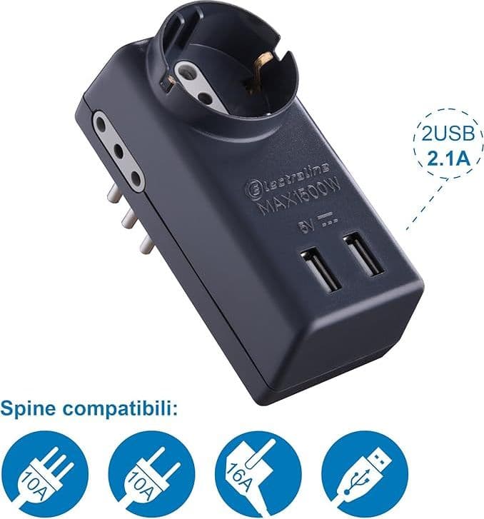 ELECTRALINE - ADATTATORE 10A 1 PT SCHUKO +2 PT 10A + 2 in Adattatori da viaggio Stockdoc - Terni, commercioVirtuoso.it