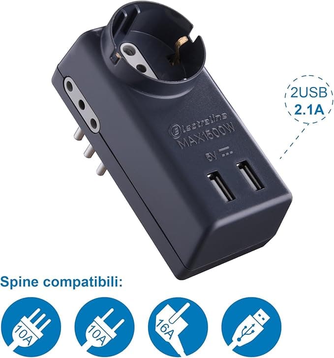 ELECTRALINE - ADATTATORE 10A 1 PT SCHUKO +2 PT 10A + 2 in Adattatori da viaggio Stockdoc - Terni, commercioVirtuoso.it