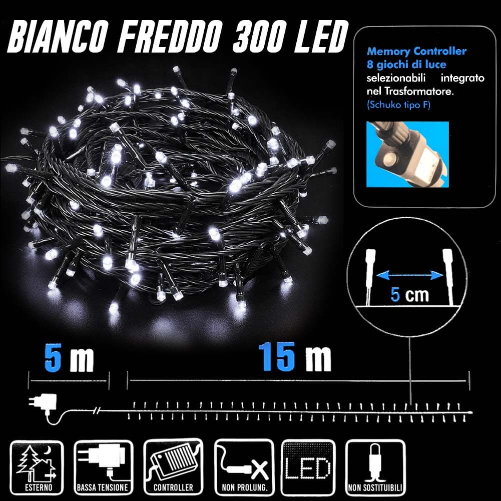 Catena Luminosa 300 LED Mini Lucciole Bianco Freddo 8Funzioni Interno Esterno