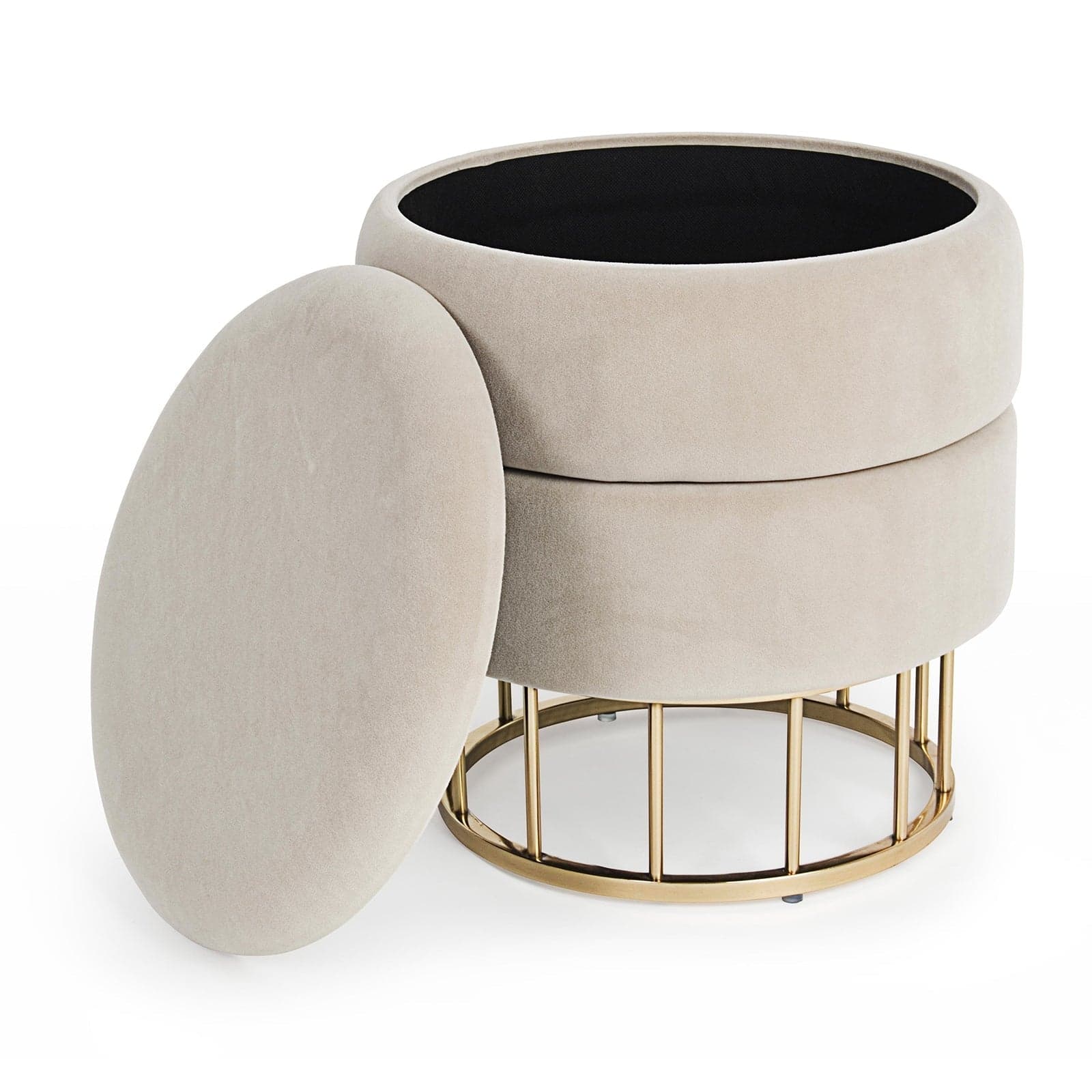 Pouf contenitore tondo con piede ottone "Pavlina" seduta in velluto arredamento moderno - 15