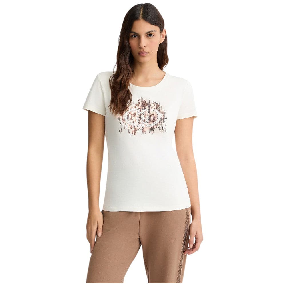 Liu Jo t-shirt bianco panna logo animalier e strass TA5173JS003 M9514