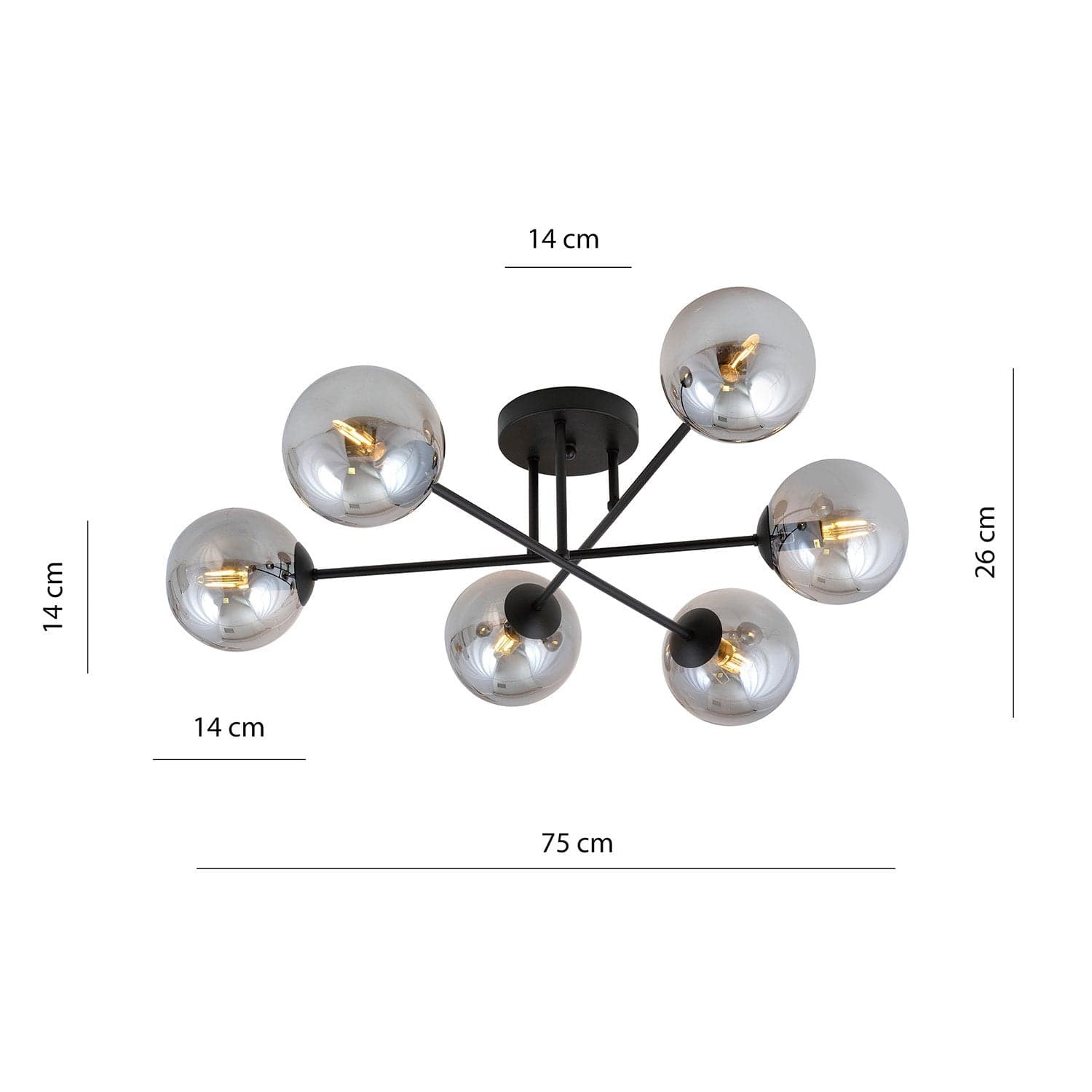 Plafoniera 6 Luci Brandi In Acciaio Nero A Bracci E Sfere In Vetro Fumè in Lampade a sospensione LuceArt - Montecorvino Pugliano, commercioVirtuoso.it
