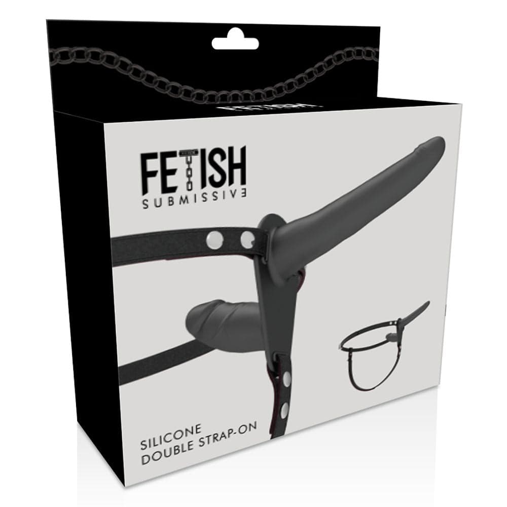 Strap on da donna con doppio dildo interno esterno in silicone nero e cinturino regolabile in prodotto Kondorama - Martinsicuro, commercioVirtuoso.it