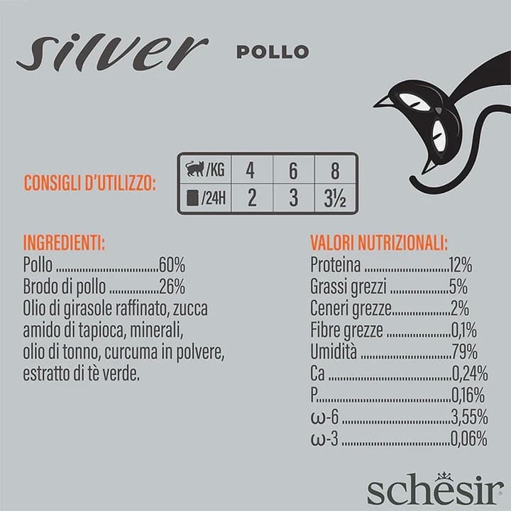 Schesir Silver Pollo con Anatra Scatoletta per Gatti Anziani 70gr in Secco 101 Market - Poggibonsi, commercioVirtuoso.it