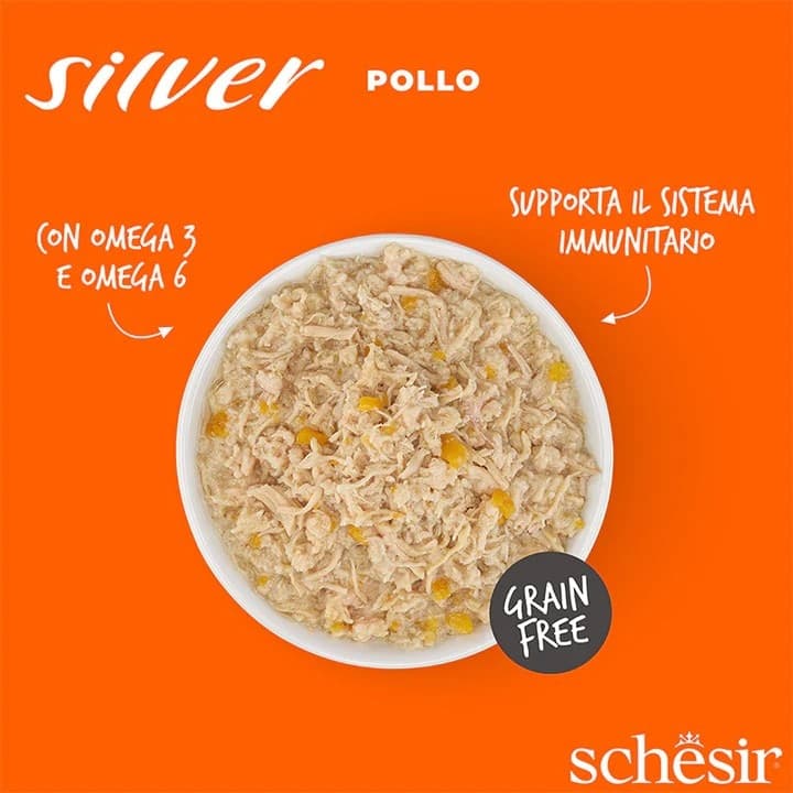 Schesir Silver Pollo con Anatra Scatoletta per Gatti Anziani 70gr in Secco 101 Market - Poggibonsi, commercioVirtuoso.it