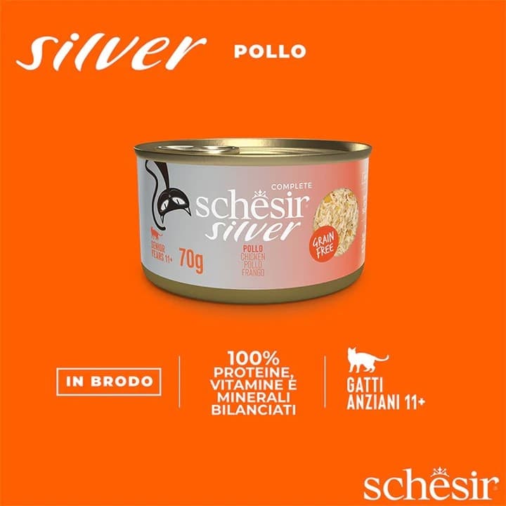 Schesir Silver Pollo con Anatra Scatoletta per Gatti Anziani 70gr in Secco 101 Market - Poggibonsi, commercioVirtuoso.it