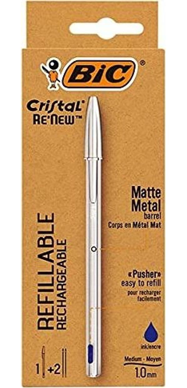 Bic - Penna a sfera Cristal Ricaricabile ReNew, Punta media 1 mm, Fusto in metallo opaco, Inchiostro Blu