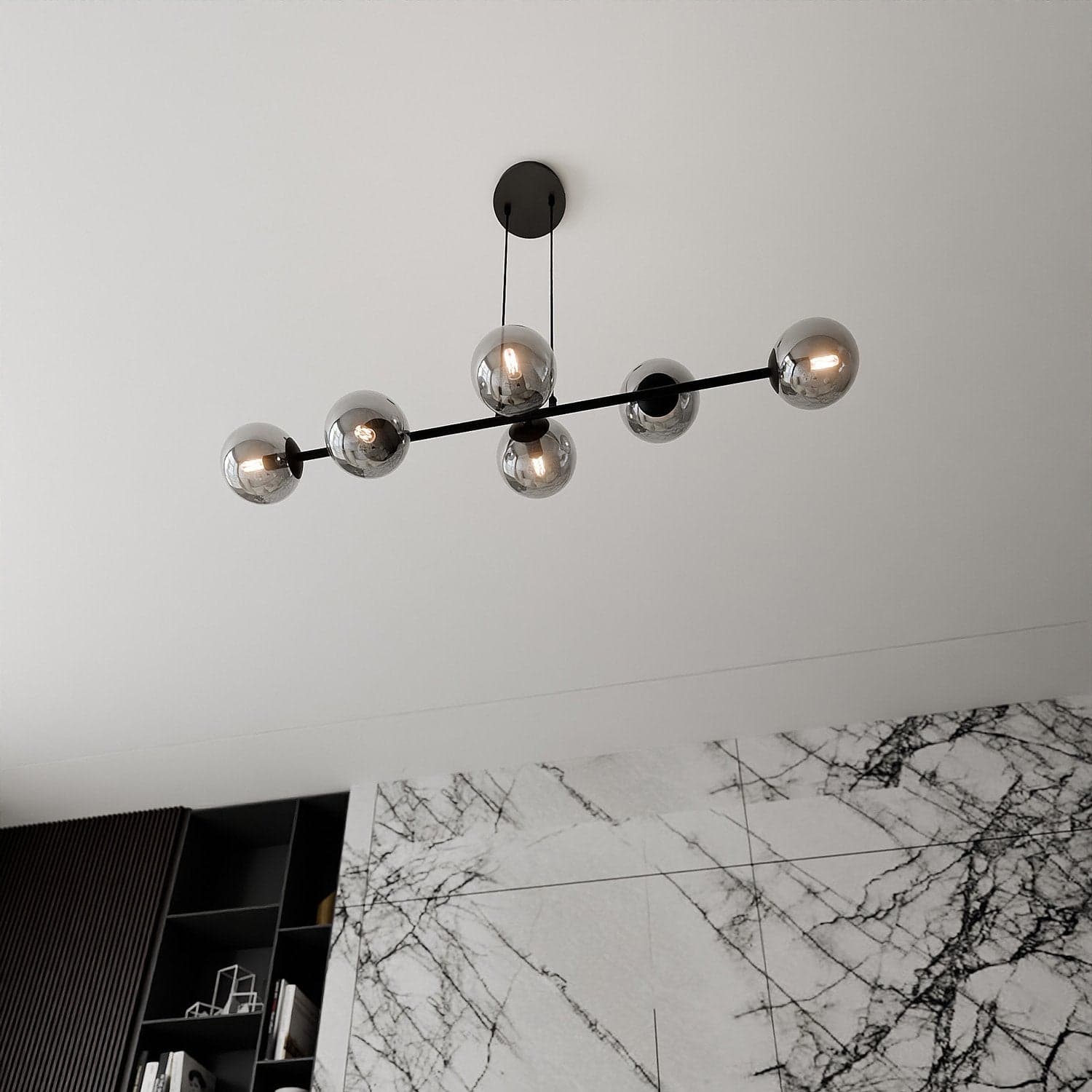 Lampadario Contemporaneo 6 Luci Rossi In Acciaio Nero E Sfere In Vetro Fumè in Lampade a sospensione LuceArt - Montecorvino Pugliano, commercioVirtuoso.it