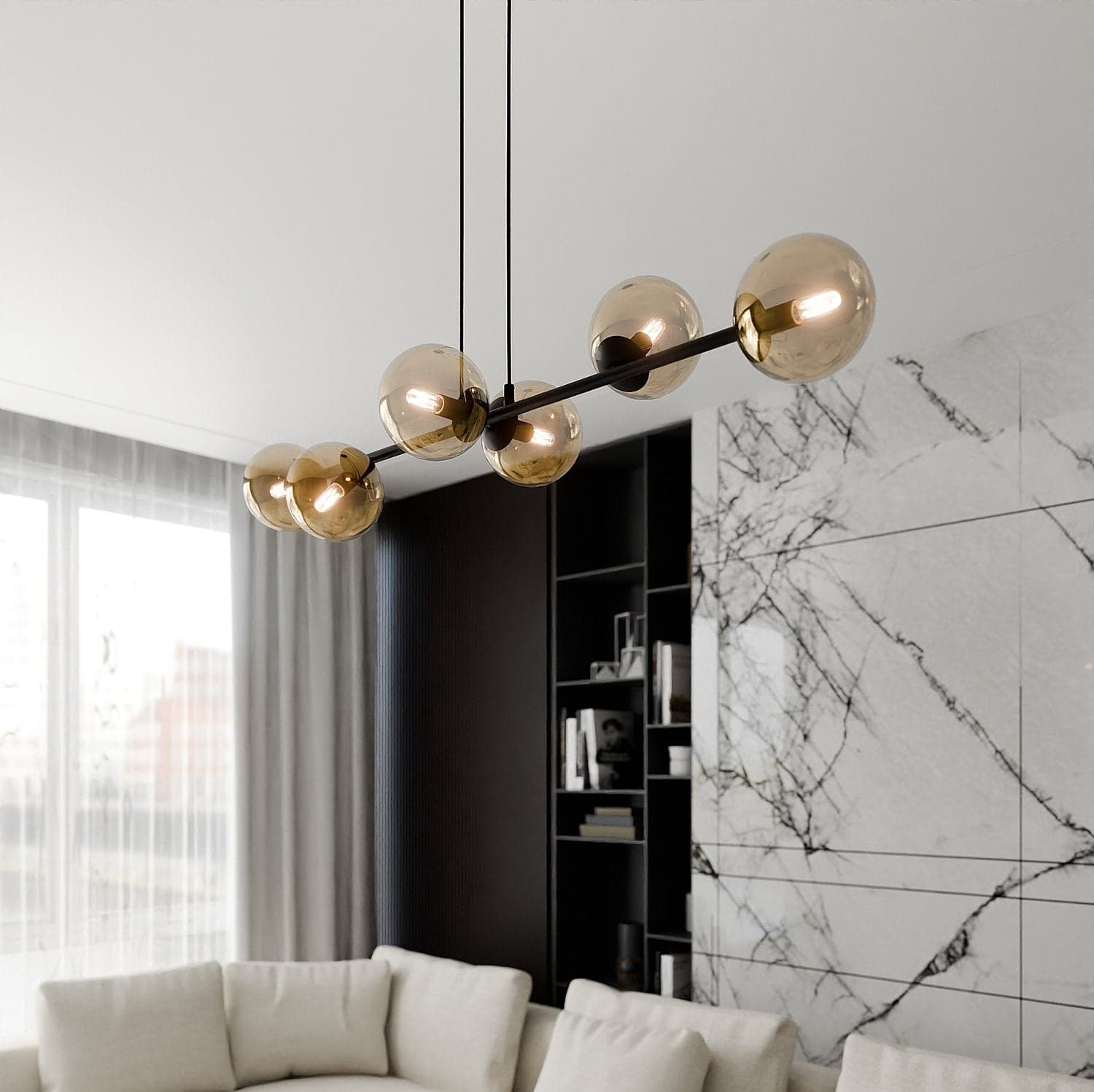 Lampadario Contemporaneo 6 Luci Rossi In Acciaio Nero E Sfere In Vetro Ambra in Lampade a sospensione LuceArt - Montecorvino Pugliano, commercioVirtuoso.it