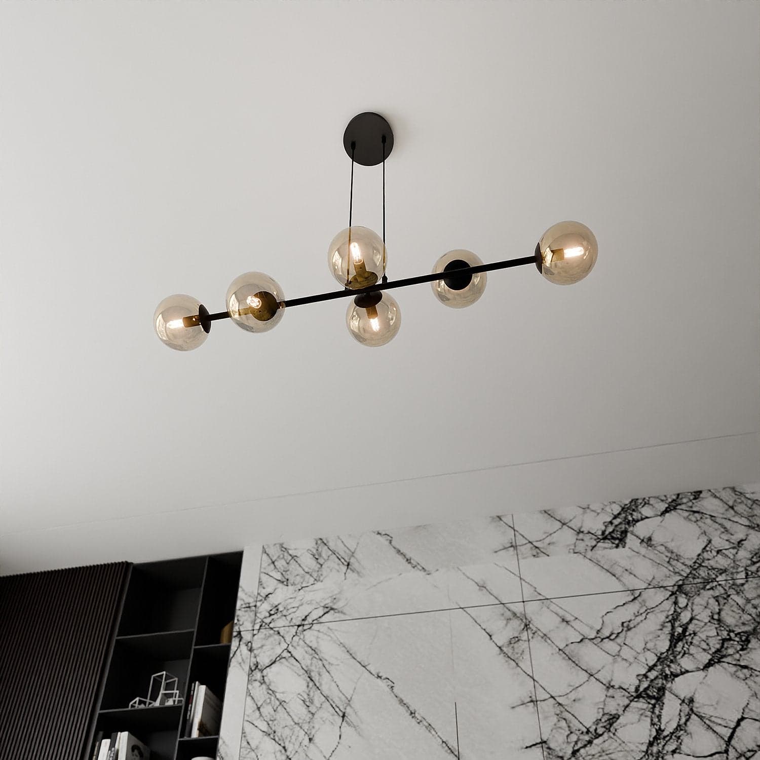 Lampadario Contemporaneo 6 Luci Rossi In Acciaio Nero E Sfere In Vetro Ambra in Lampade a sospensione LuceArt - Montecorvino Pugliano, commercioVirtuoso.it