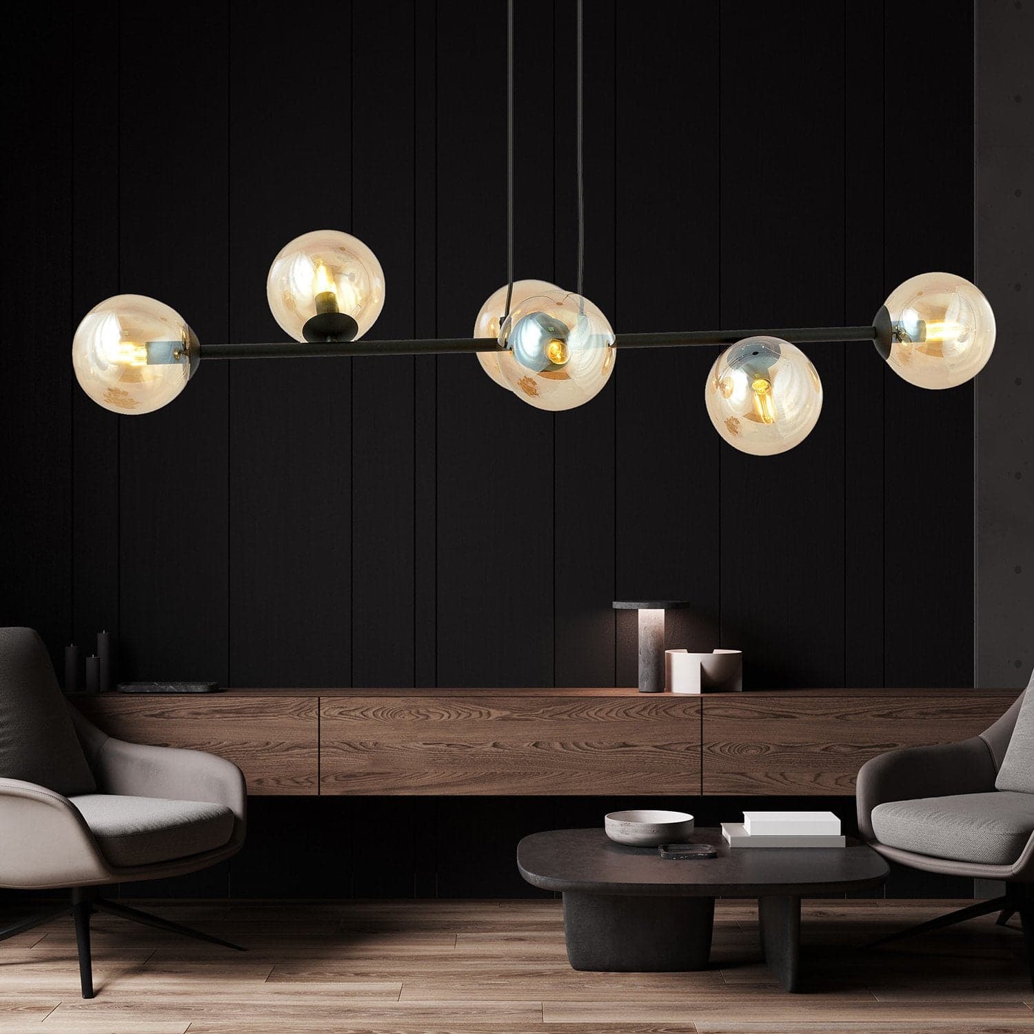 Lampadario Contemporaneo 6 Luci Rossi In Acciaio Nero E Sfere In Vetro Ambra in Lampade a sospensione LuceArt - Montecorvino Pugliano, commercioVirtuoso.it