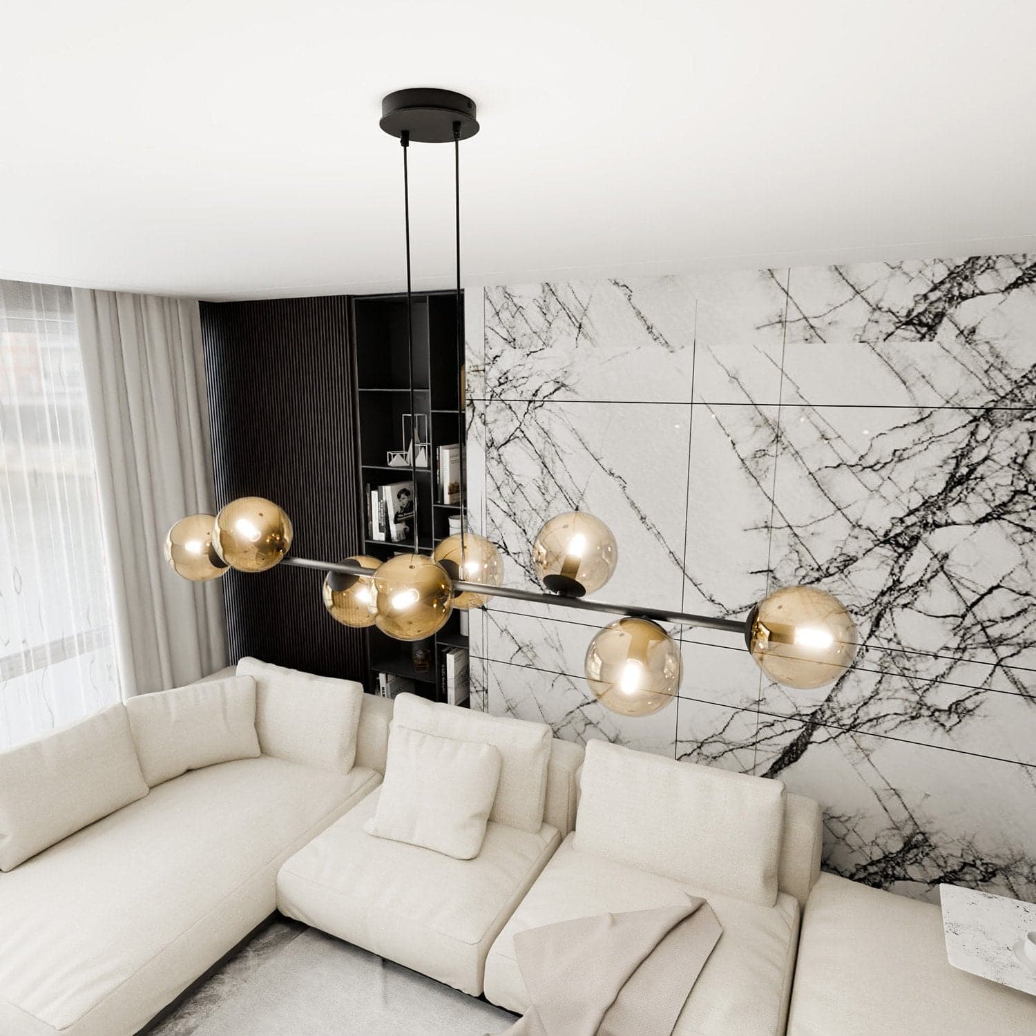 Lampadario Contemporaneo 8 Luci Rossi In Acciaio Nero E Sfere In Vetro Ambra in Lampade a sospensione LuceArt - Montecorvino Pugliano, commercioVirtuoso.it
