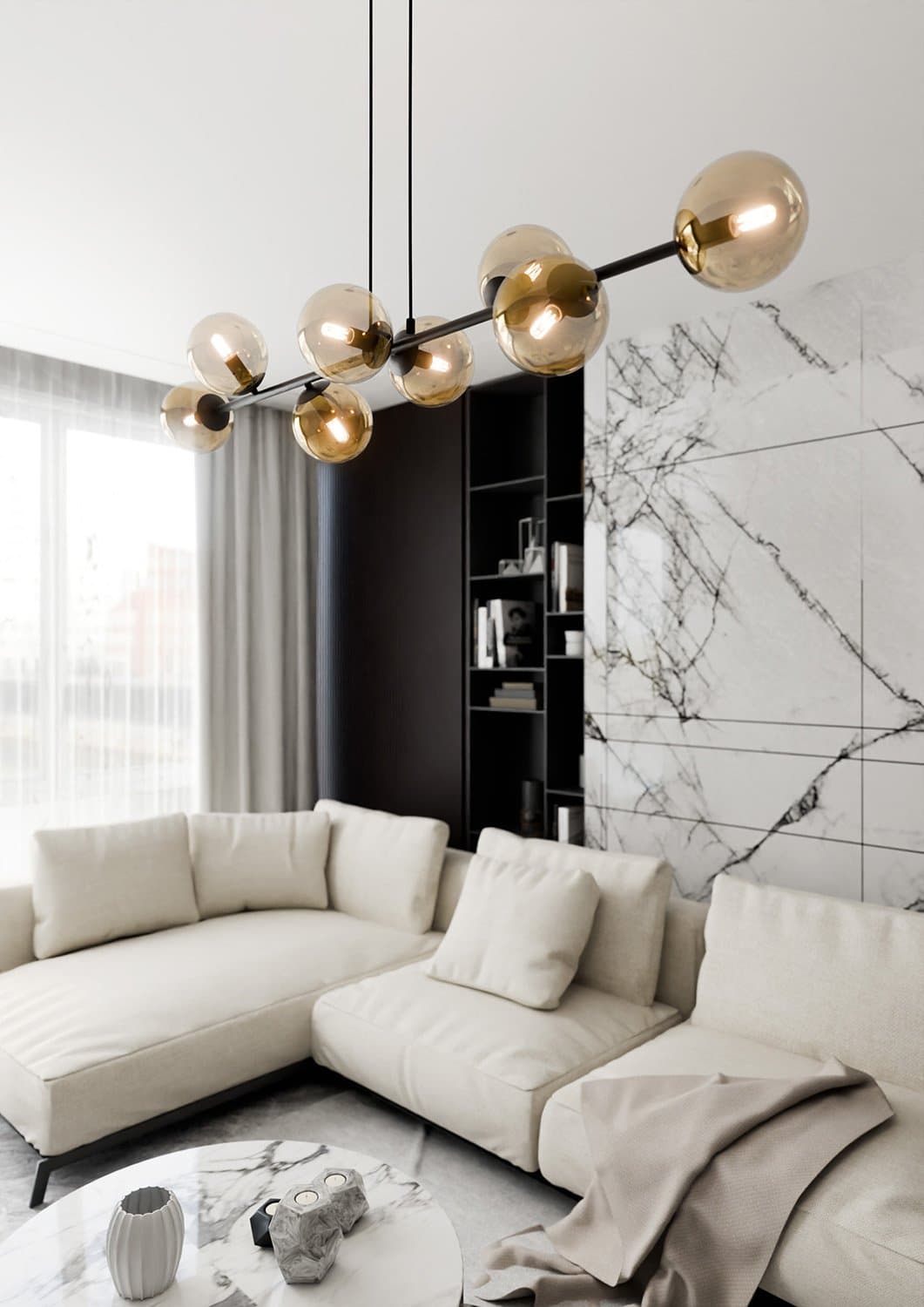 Lampadario Contemporaneo 8 Luci Rossi In Acciaio Nero E Sfere In Vetro Ambra in Lampade a sospensione LuceArt - Montecorvino Pugliano, commercioVirtuoso.it