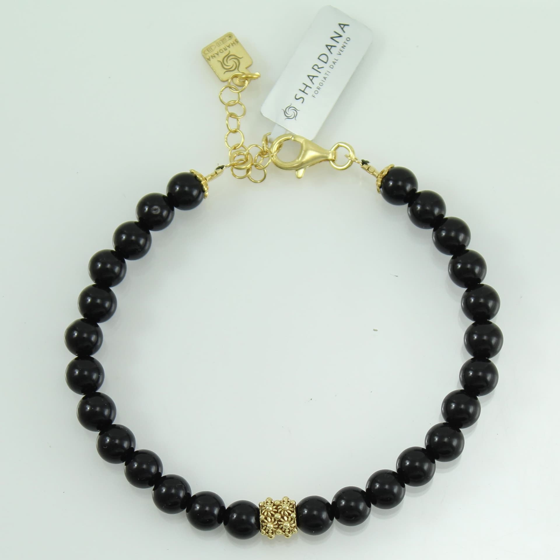 Bracciale portafortuna Su Coccu sfere onice e filigrana d'argento dorato 6 mm in Bracciali Gioielleria Saba - Dolianova, commercioVirtuoso.it