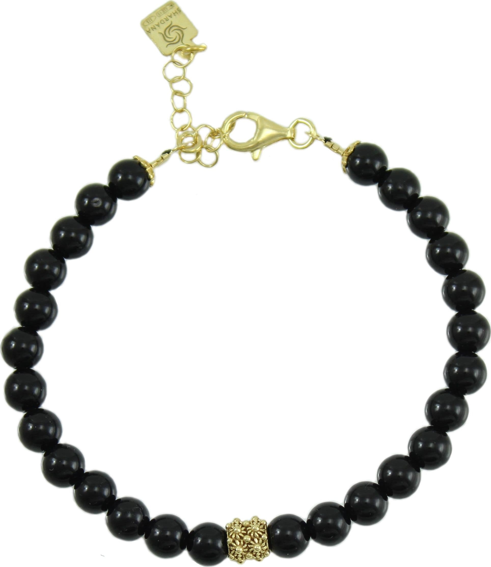Bracciale portafortuna Su Coccu sfere onice e filigrana d'argento dorato 6 mm