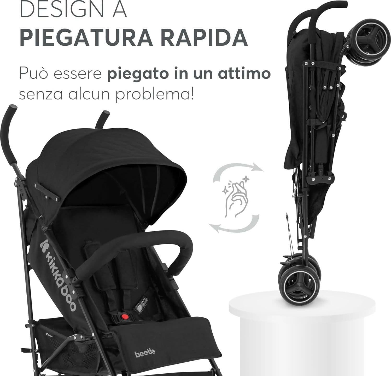 KIKKABOO Passeggino BEETLE - Passeggino da viaggio omologato fino a 22 kg - Pieghevole, Leggero, Compatto, colore NERO - telaio in alluminio, Chiusura Compatta, Schienale Reclinabile e Regolabile, Poggiagambe in Passeggini compatti Sanitaria Gioia del Bimbo - Villa San Giovanni, commercioVirtuoso.it
