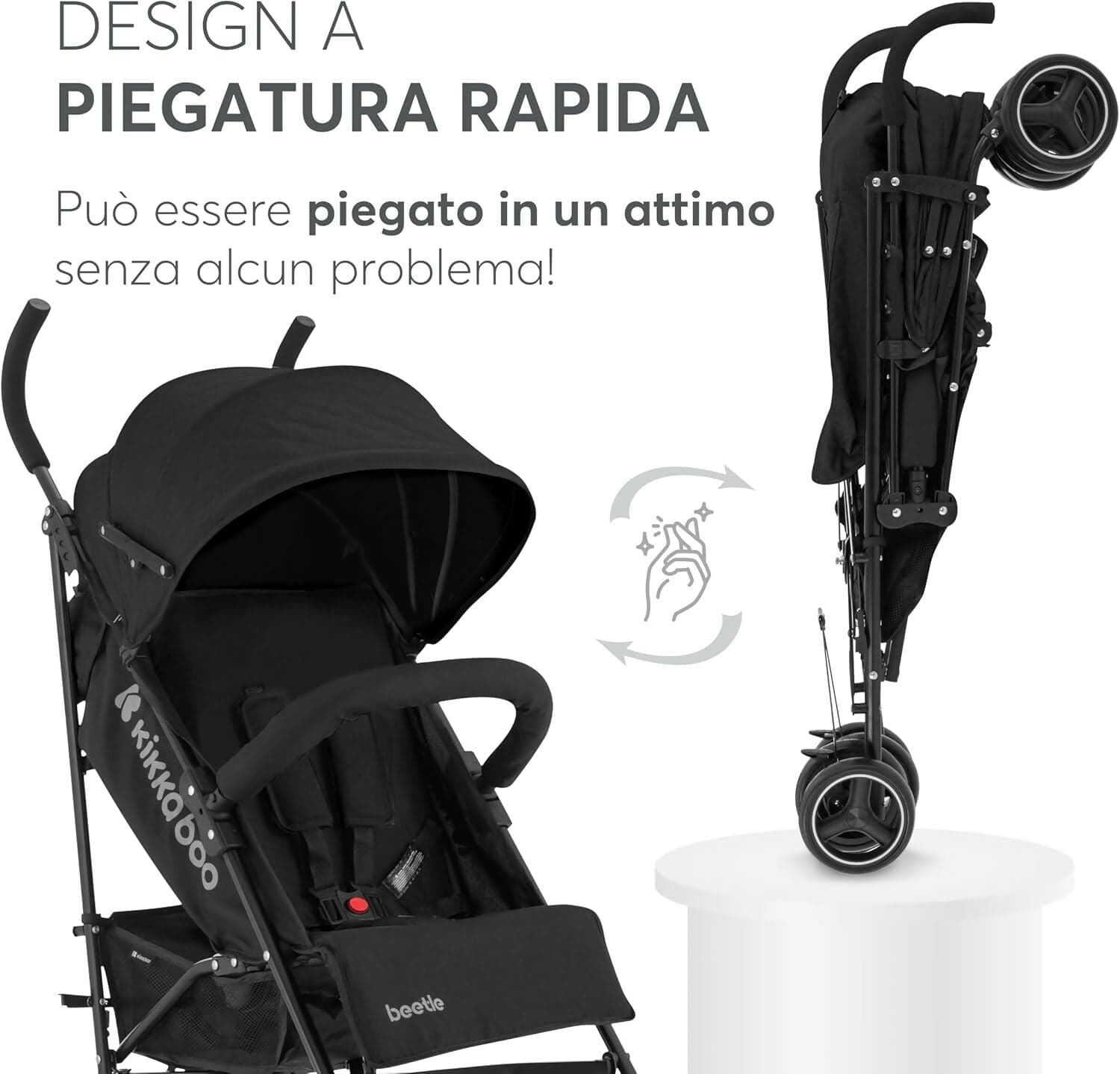 KIKKABOO Passeggino BEETLE - Passeggino da viaggio omologato fino a 22 kg - Pieghevole, Leggero, Compatto, colore NERO - telaio in alluminio, Chiusura Compatta, Schienale Reclinabile e Regolabile, Poggiagambe in Passeggini compatti Sanitaria Gioia del Bimbo - Villa San Giovanni, commercioVirtuoso.it