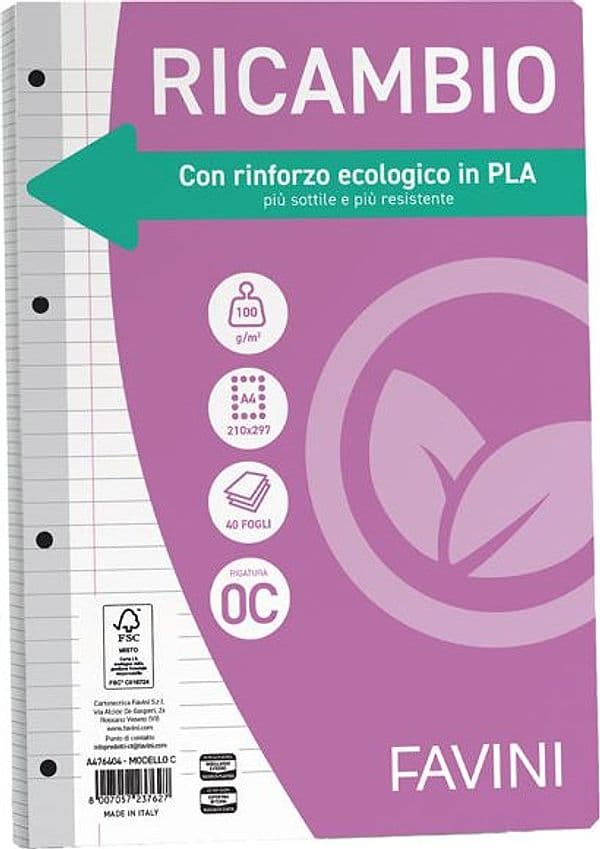 Ricambi c/rinforzo ecologico f.to A4 100gr 40fg 1 rigo c/margine Favini