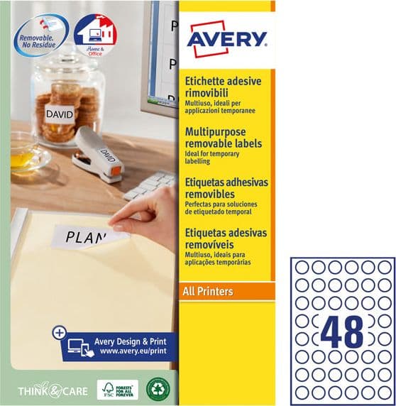 Etichette adesive rotonde rimovibili D25mm (48et/fg 25fg laser/inkjet Avery