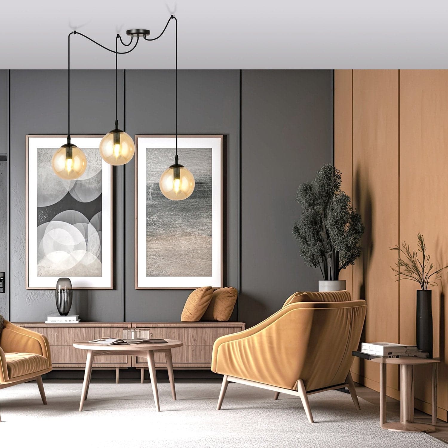 Lampadario 3 Luci Gigi In Acciaio Nero Con Cavo Lungo E Vetri Ambra in Lampade a sospensione LuceArt - Montecorvino Pugliano, commercioVirtuoso.it