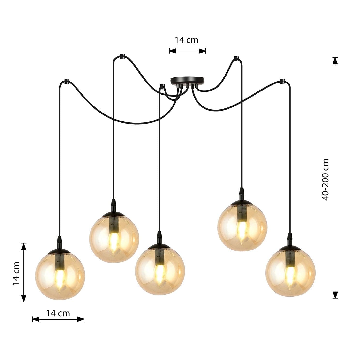 Lampadario 5 Luci Gigi In Acciaio Nero Con Cavo Lungo E Vetri Ambra in Lampadari LuceArt - Montecorvino Pugliano, commercioVirtuoso.it