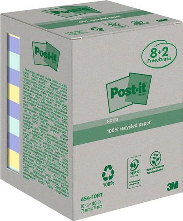 ValuePack 10 blocchi 100fg Post-itÂ® carta ricic.colori pastel 76X76mm 654-RCP10