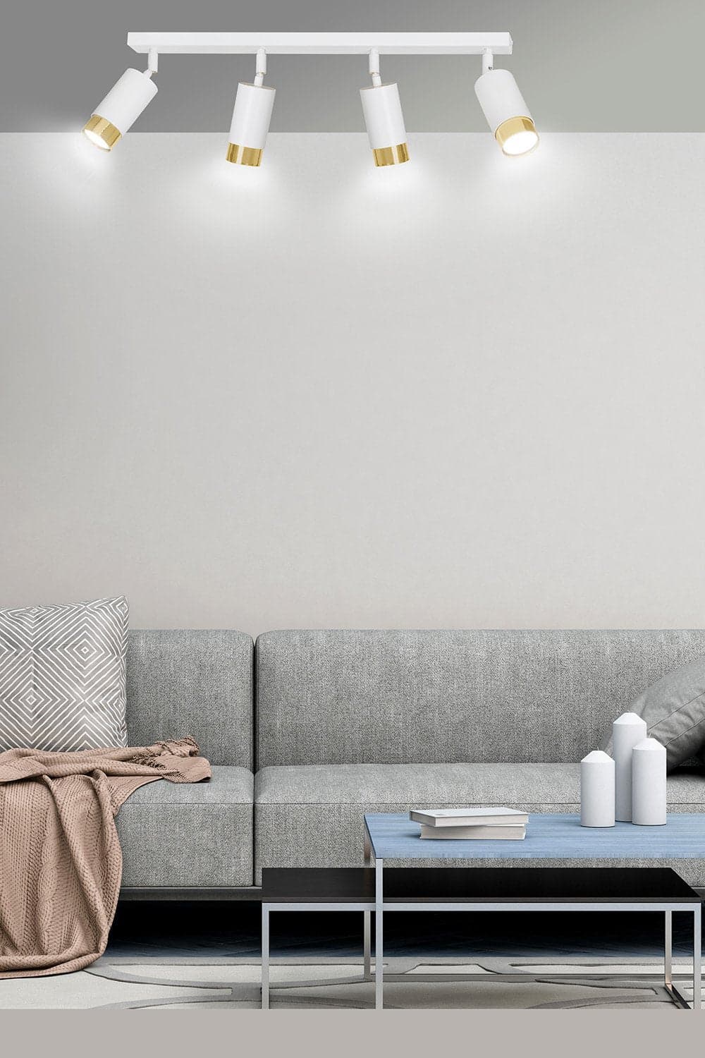 Plafoniera 4 Luci A Faretti Orientabili A Cilindro In Acciaio Bianco E Oro in Faretti da soffitto LuceArt - Montecorvino Pugliano, commercioVirtuoso.it