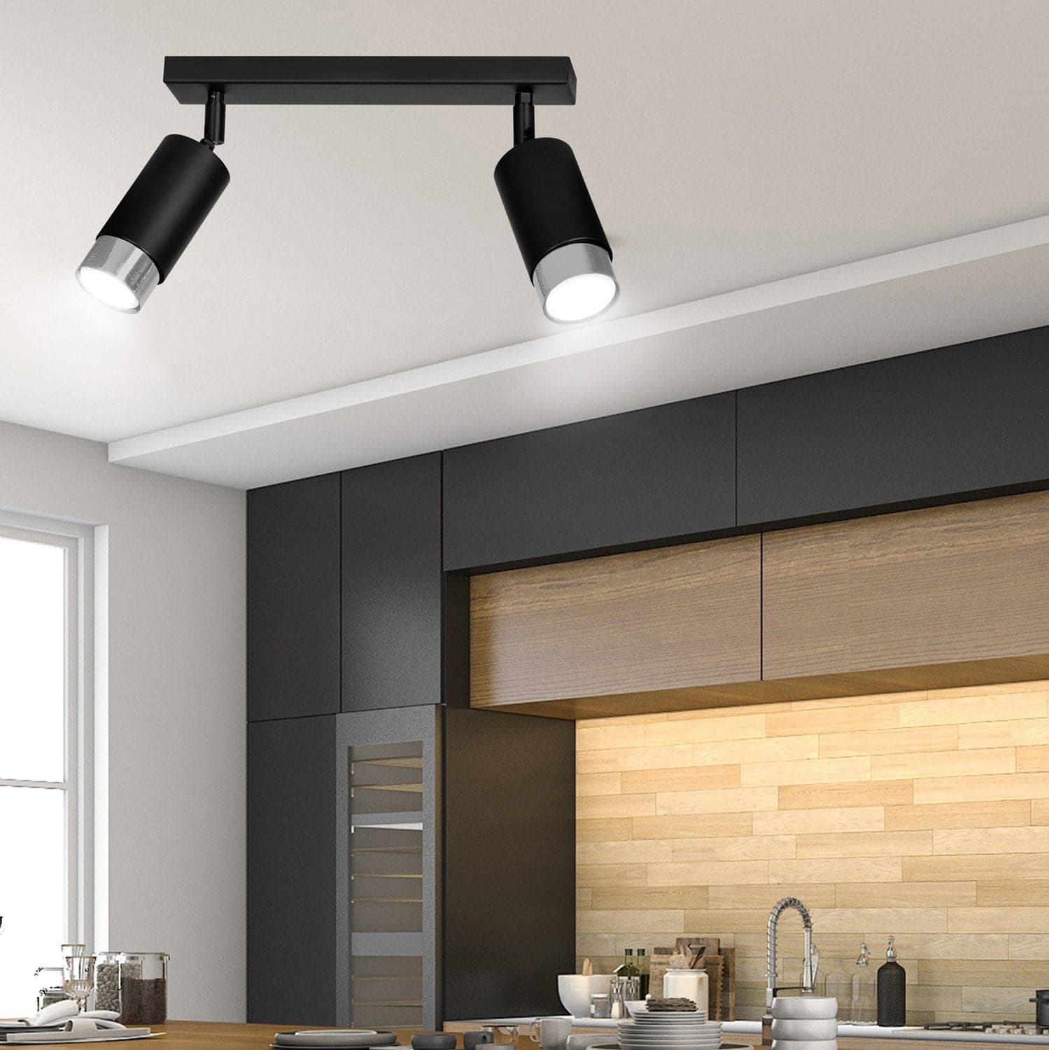 Plafoniera 2 Luci A Faretti Orientabili A Cilindro In Acciaio Nero E Cromo in Faretti da soffitto LuceArt - Montecorvino Pugliano, commercioVirtuoso.it