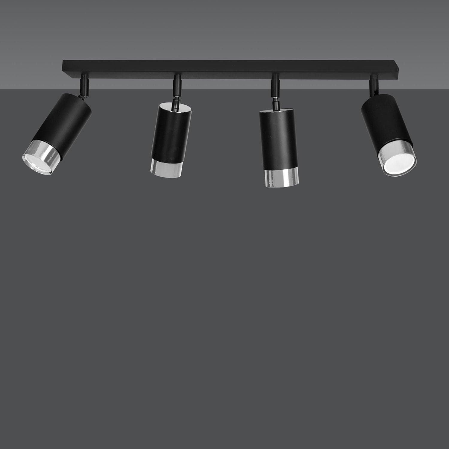 Plafoniera 4 Luci A Faretti Orientabili A Cilindro In Acciaio Nero E Cromo in Faretti da soffitto LuceArt - Montecorvino Pugliano, commercioVirtuoso.it