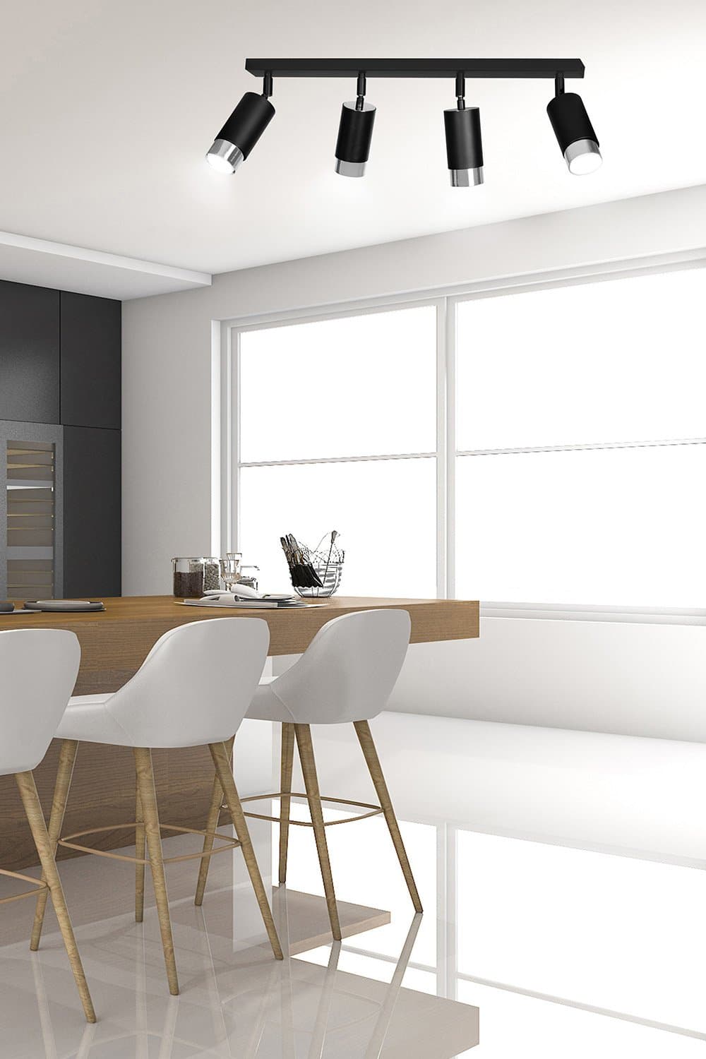 Plafoniera 4 Luci A Faretti Orientabili A Cilindro In Acciaio Nero E Cromo in Faretti da soffitto LuceArt - Montecorvino Pugliano, commercioVirtuoso.it