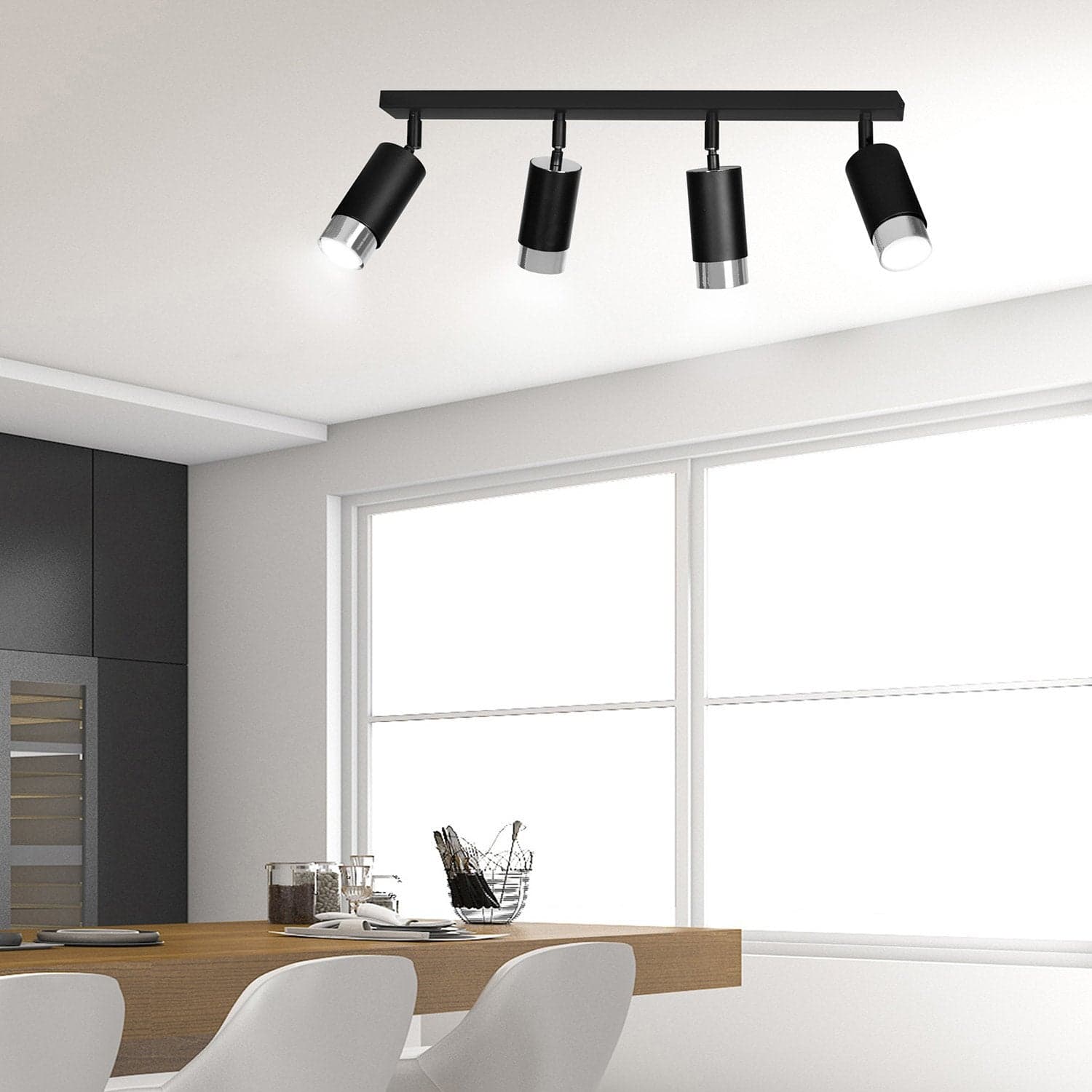 Plafoniera 4 Luci A Faretti Orientabili A Cilindro In Acciaio Nero E Cromo in Faretti da soffitto LuceArt - Montecorvino Pugliano, commercioVirtuoso.it