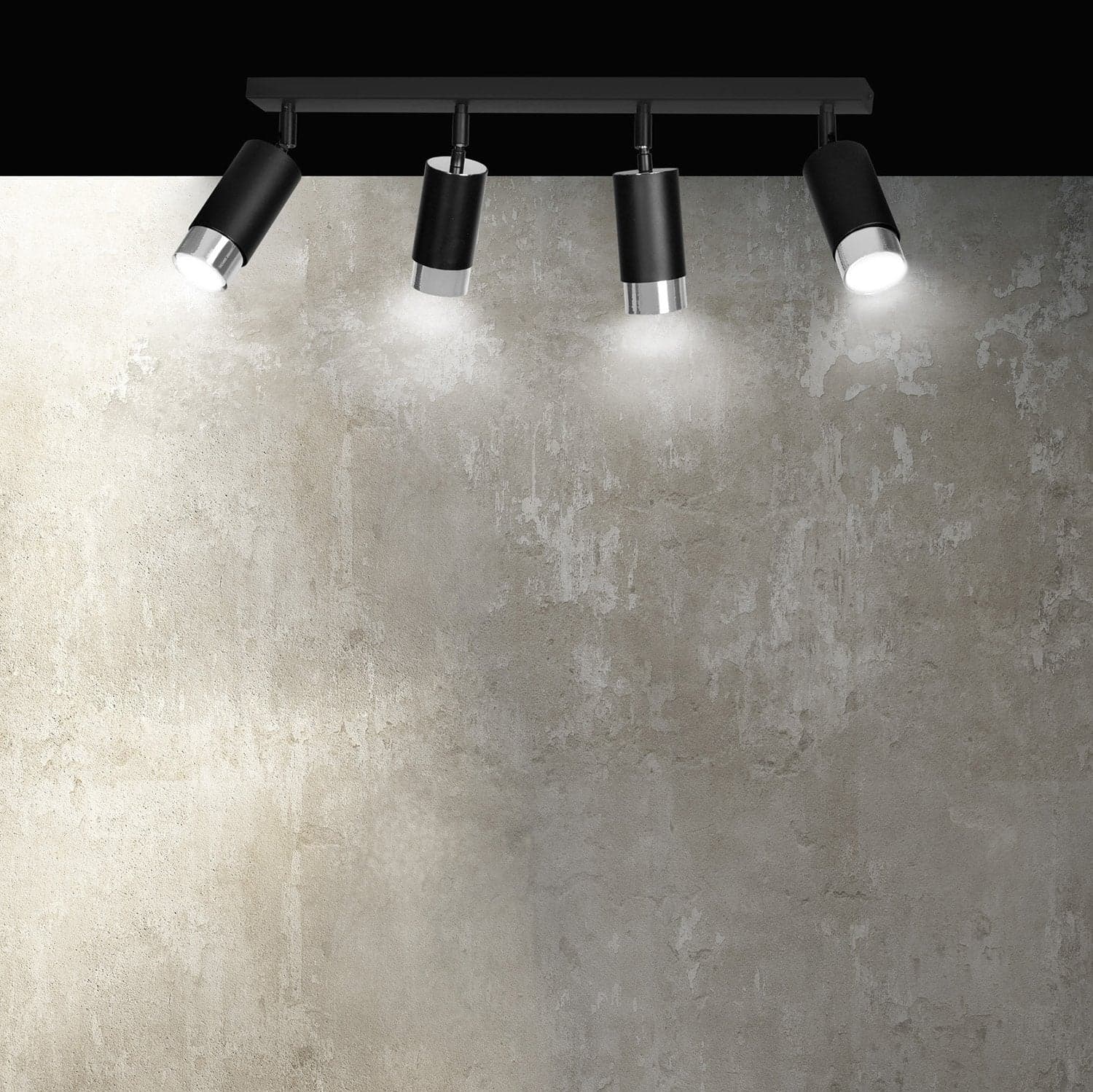 Plafoniera 4 Luci A Faretti Orientabili A Cilindro In Acciaio Nero E Cromo in Faretti da soffitto LuceArt - Montecorvino Pugliano, commercioVirtuoso.it