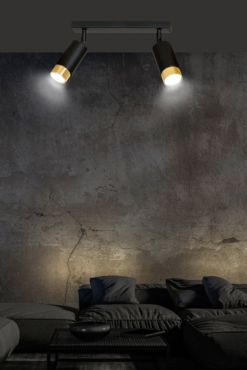 Plafoniera 2 Luci A Faretti Orientabili A Cilindro In Acciaio Nero E Oro in Faretti da soffitto LuceArt - Montecorvino Pugliano, commercioVirtuoso.it