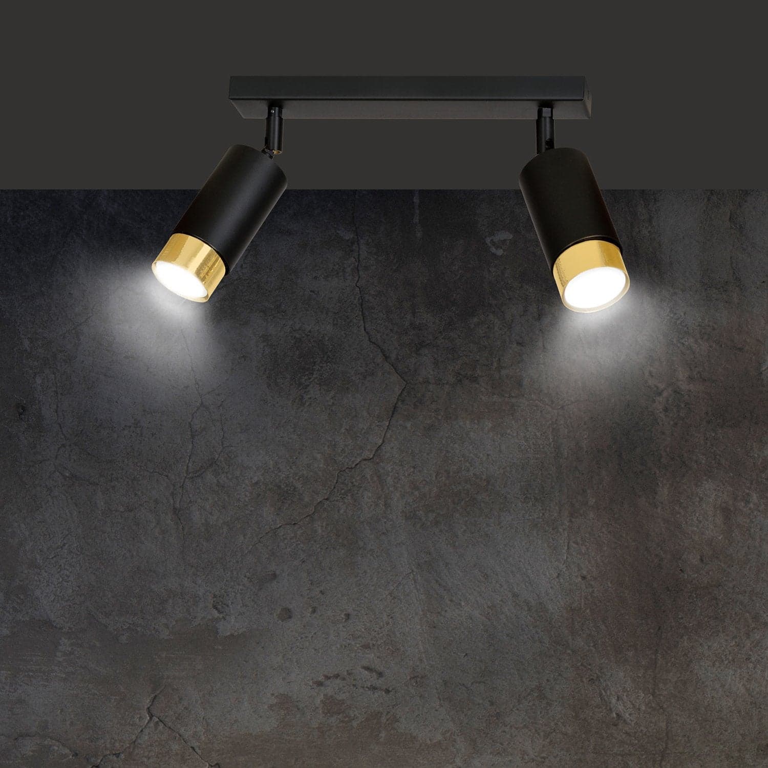 Plafoniera 2 Luci A Faretti Orientabili A Cilindro In Acciaio Nero E Oro in Faretti da soffitto LuceArt - Montecorvino Pugliano, commercioVirtuoso.it
